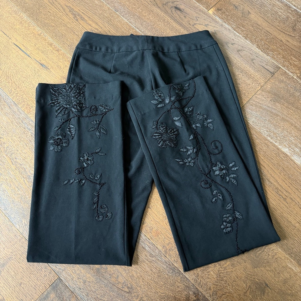 Sunny Leigh Beaded Wide Leg Pants Black Size 4 Floral Embellished
